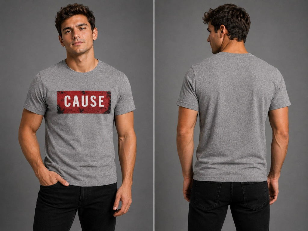 Men's gray crew-neck T-shirt with red rectangular logo on front, plain back