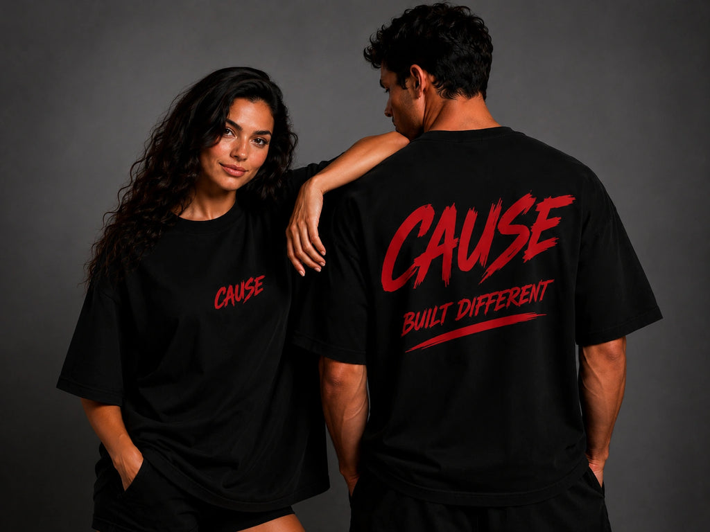 Black crewneck T-shirt with red 'CAUSE' and 'BUILT DIFFERENT' logo