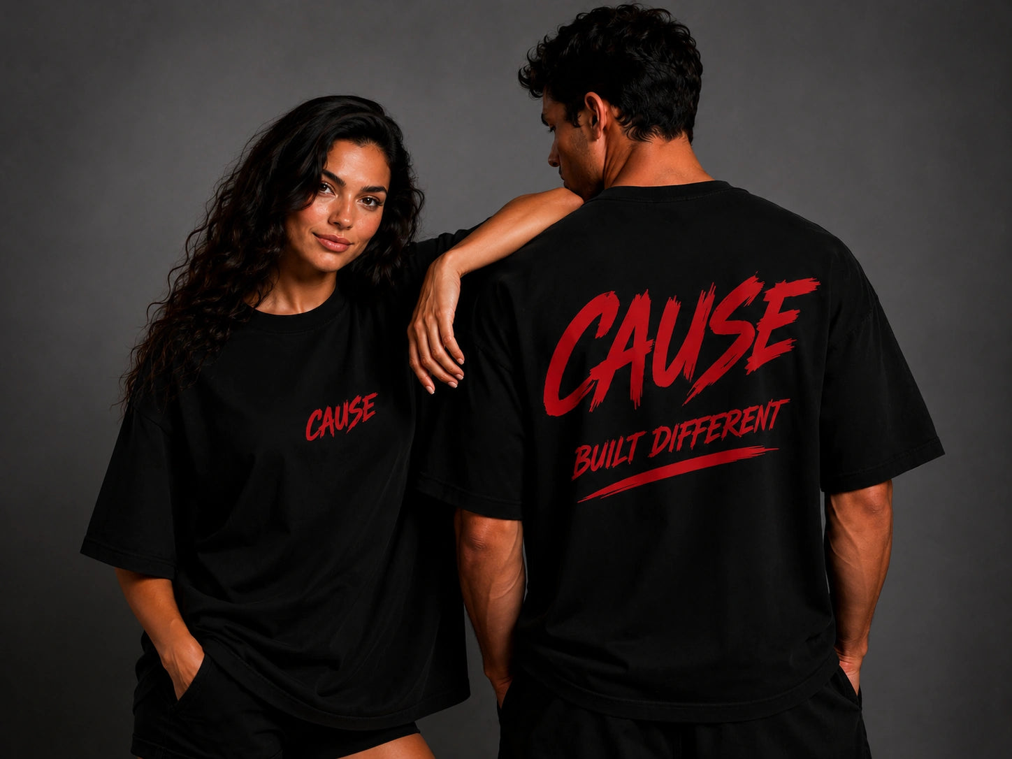 Black crewneck T-shirt with red 'CAUSE' and 'BUILT DIFFERENT' logo