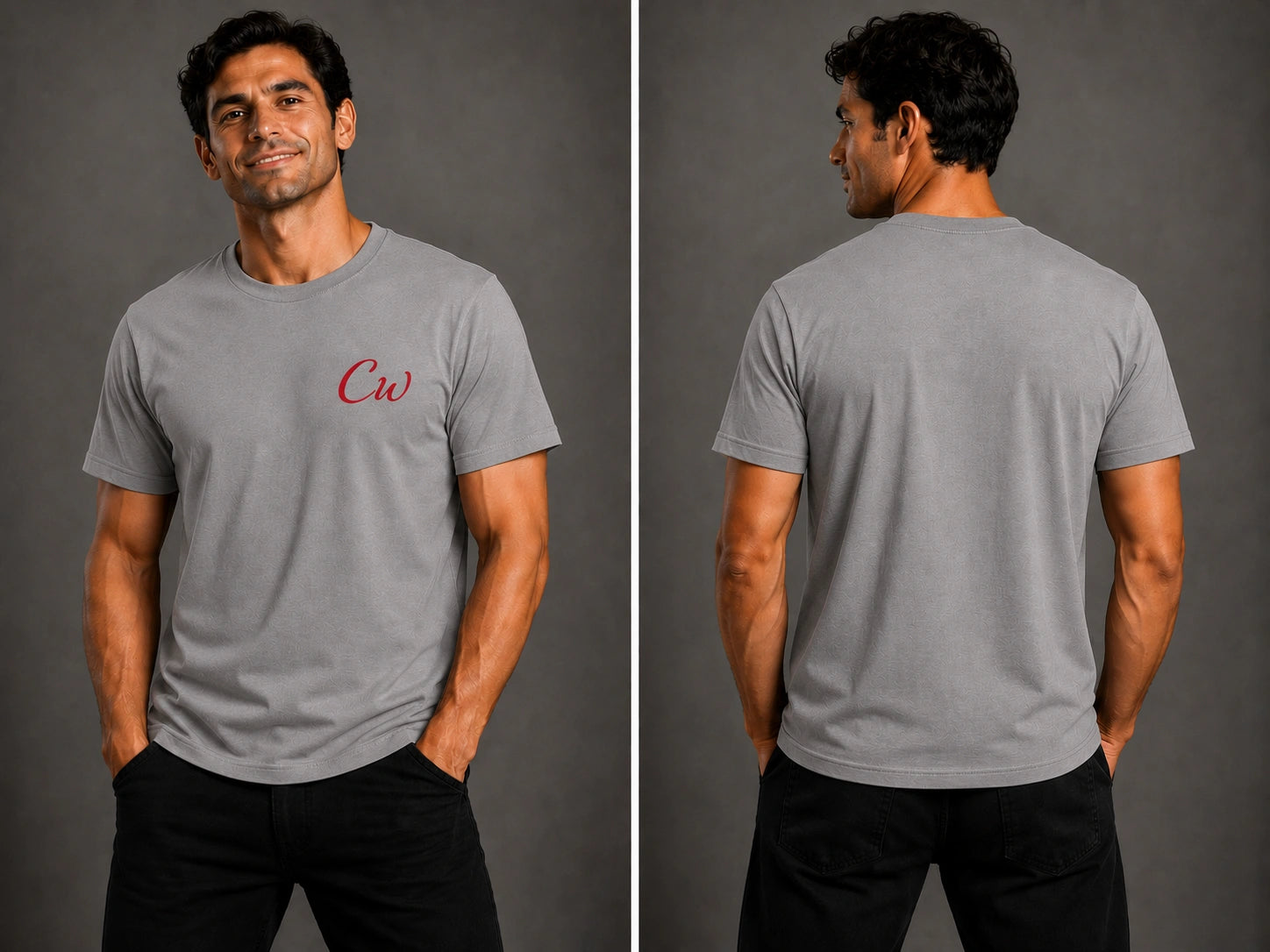 Gray short-sleeve T-shirt with red CW logo, front view