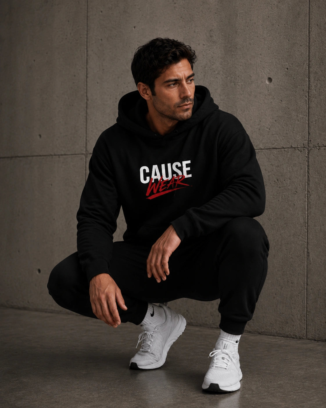 Black hoodie with hood and front CAUSE WEAR logo, kangaroo pocket.