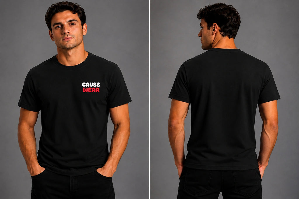 Men's black t-shirt with short sleeves and small chest logo; plain back