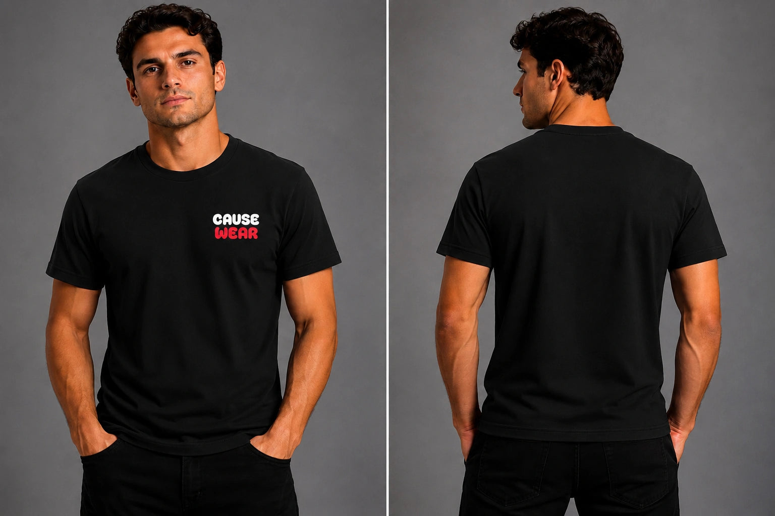 Men's black t-shirt with short sleeves and small chest logo; plain back