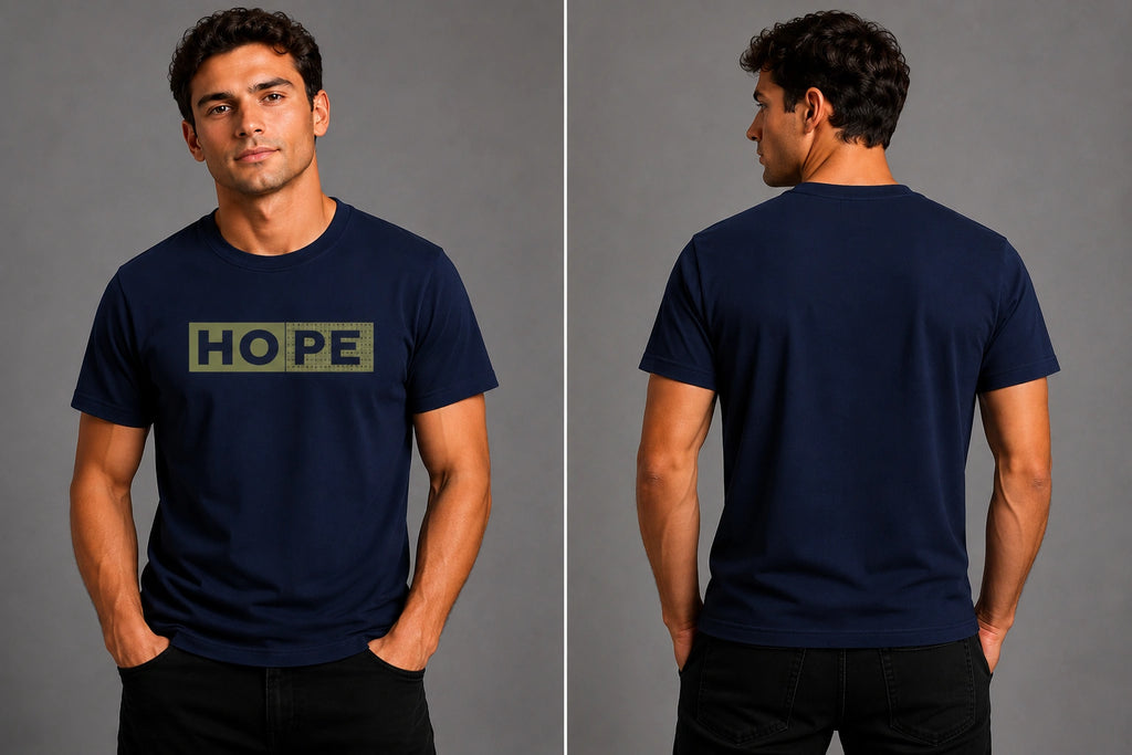 Men's navy T-shirt front and back views, HOPE logo on chest, crew neck