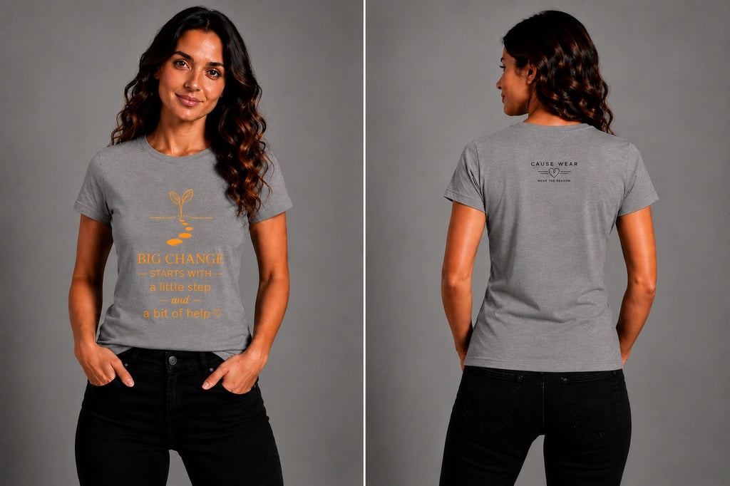 Women's gray graphic T-shirt with front text and heart, short sleeves