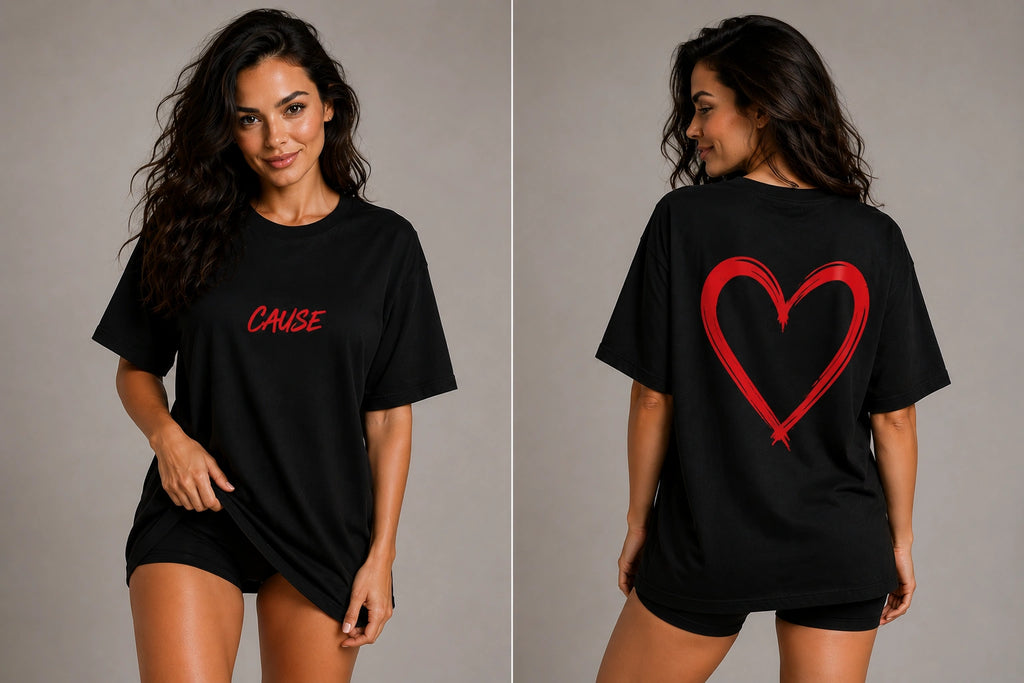 Black graphic T-shirt with red heart outline on back, red 'CHUSE' on front