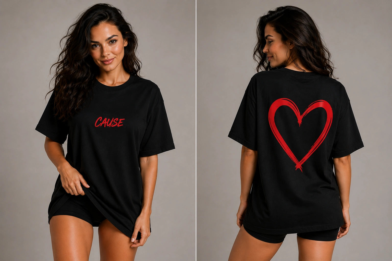 Black graphic T-shirt with red heart outline on back, red 'CHUSE' on front