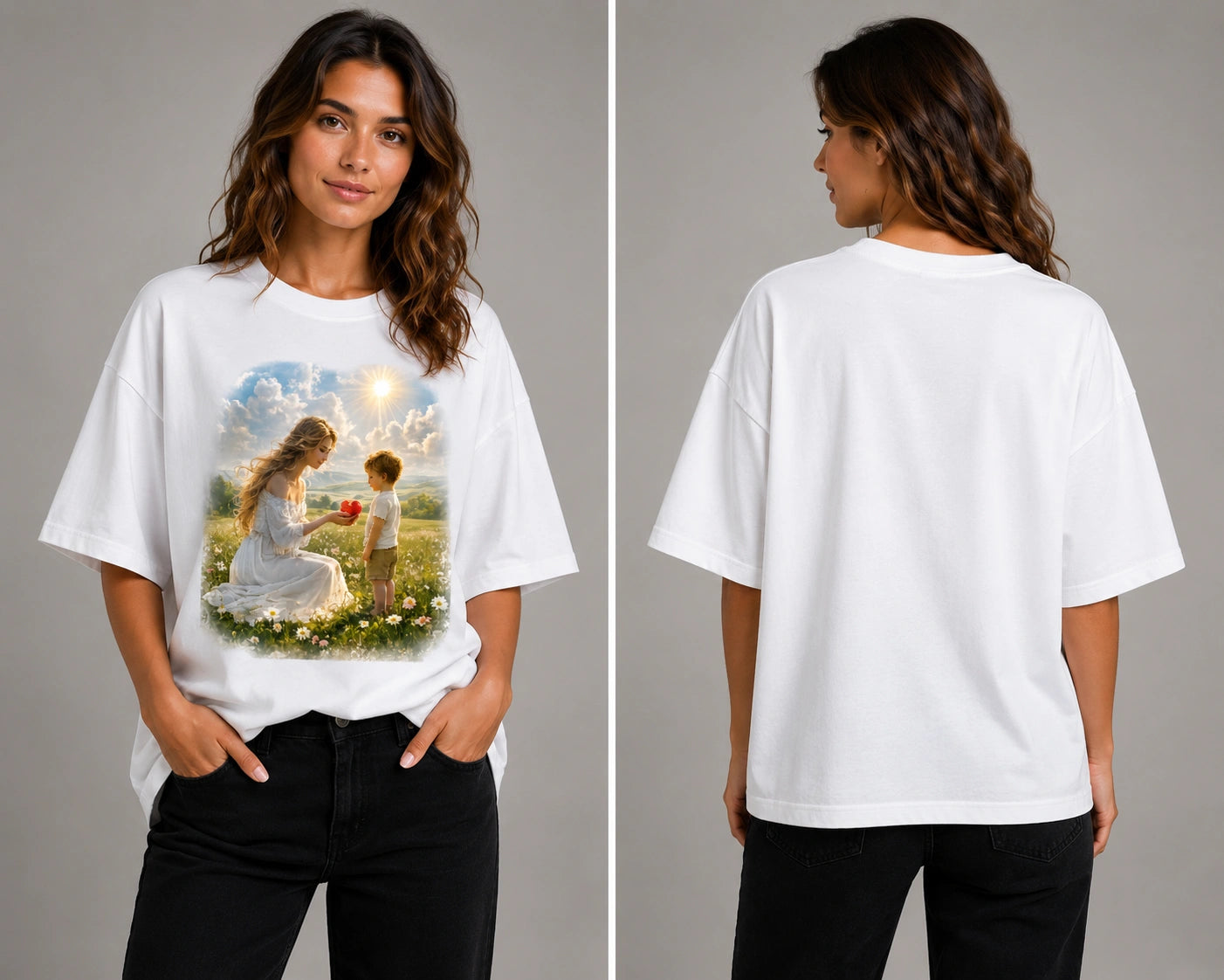 White crew-neck graphic T-shirt with short sleeves and front artwork