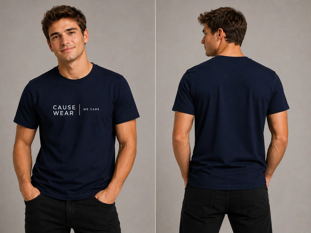 Navy short-sleeve T-shirt with centered CAUSE WEAR logo print