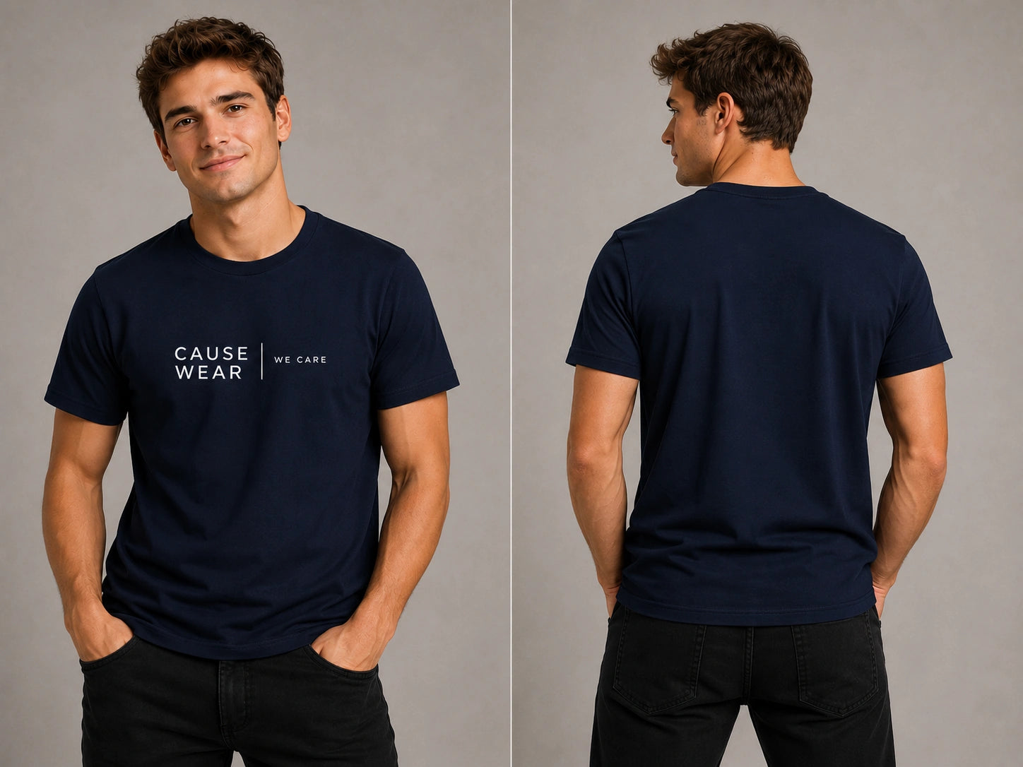 Navy short-sleeve T-shirt with centered CAUSE WEAR logo print