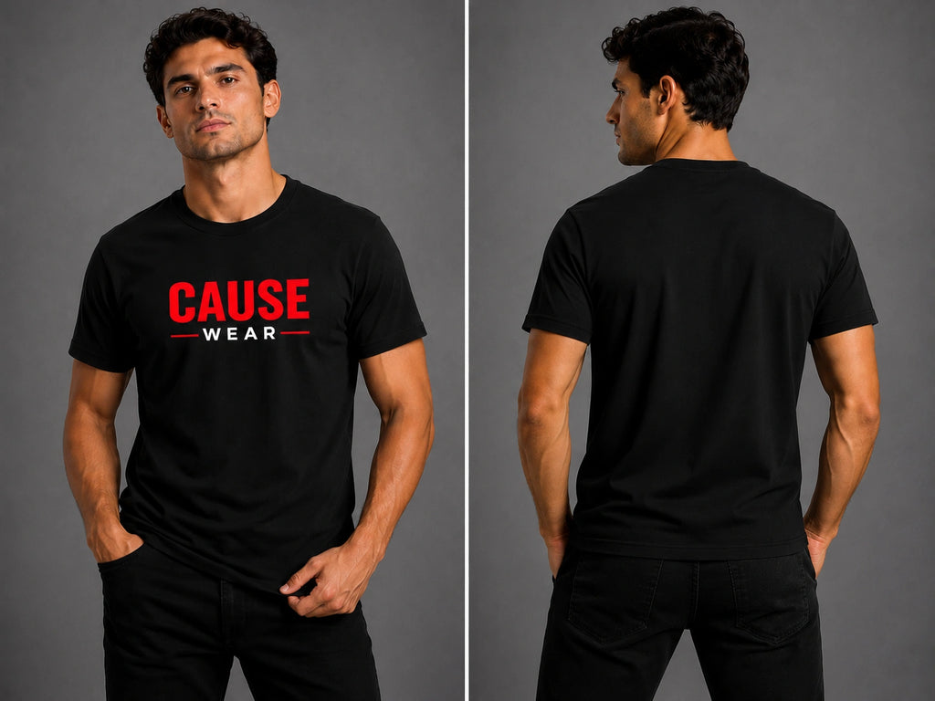 CAUSE -wear- men's T-shirt, black crew neck, short sleeves, front logo