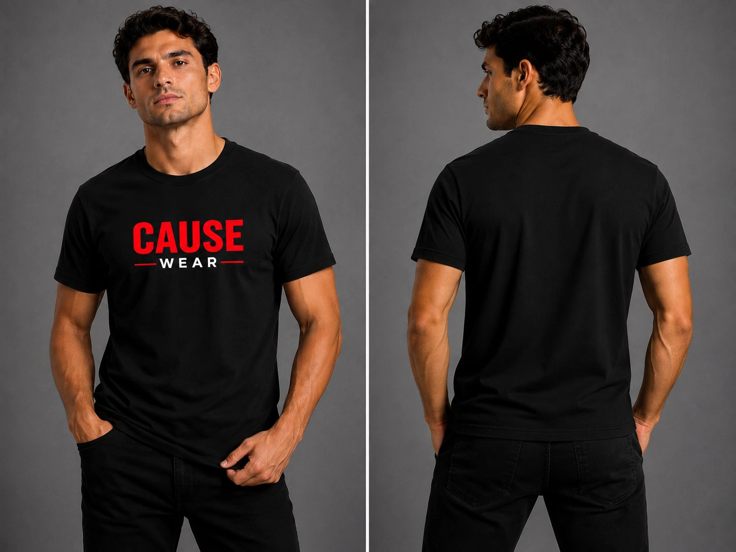 CAUSE -wear- men's T-shirt, black crew neck, short sleeves, front logo