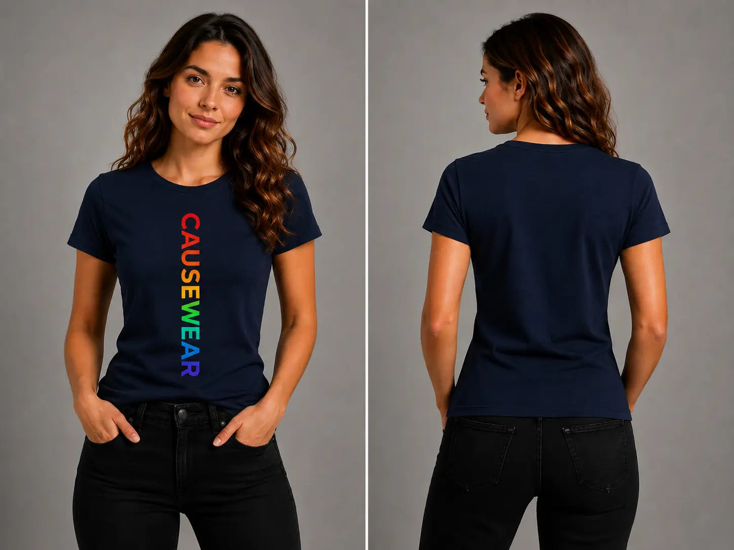 Navy women’s crew-neck t-shirt with rainbow vertical "CAUSEWEAR" text; back view plain.
