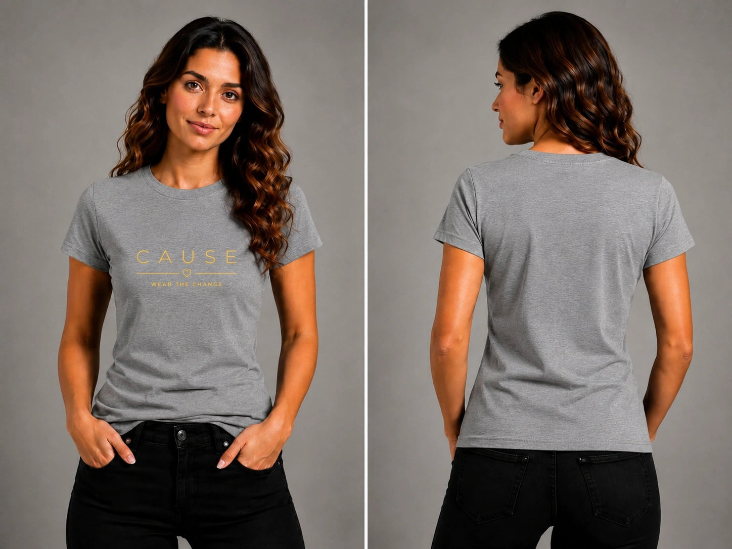 Gray short-sleeve graphic T-shirt, front and back views with CAUSE logo