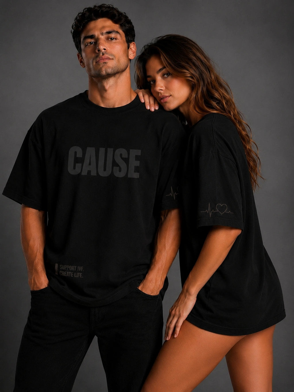 Black oversized T-shirt with CAUSE front graphic and heart-like sleeve line art