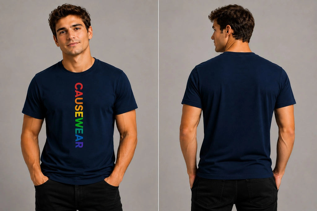 Men's navy graphic T-shirt, front and back views with CAUSEWEAR text