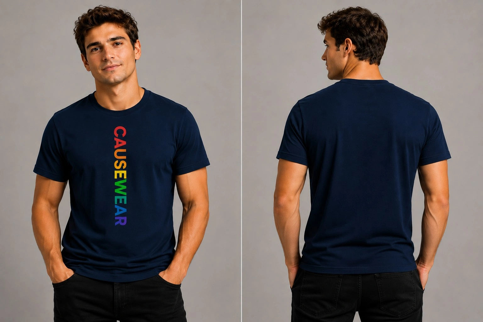 Men's navy graphic T-shirt, front and back views with CAUSEWEAR text