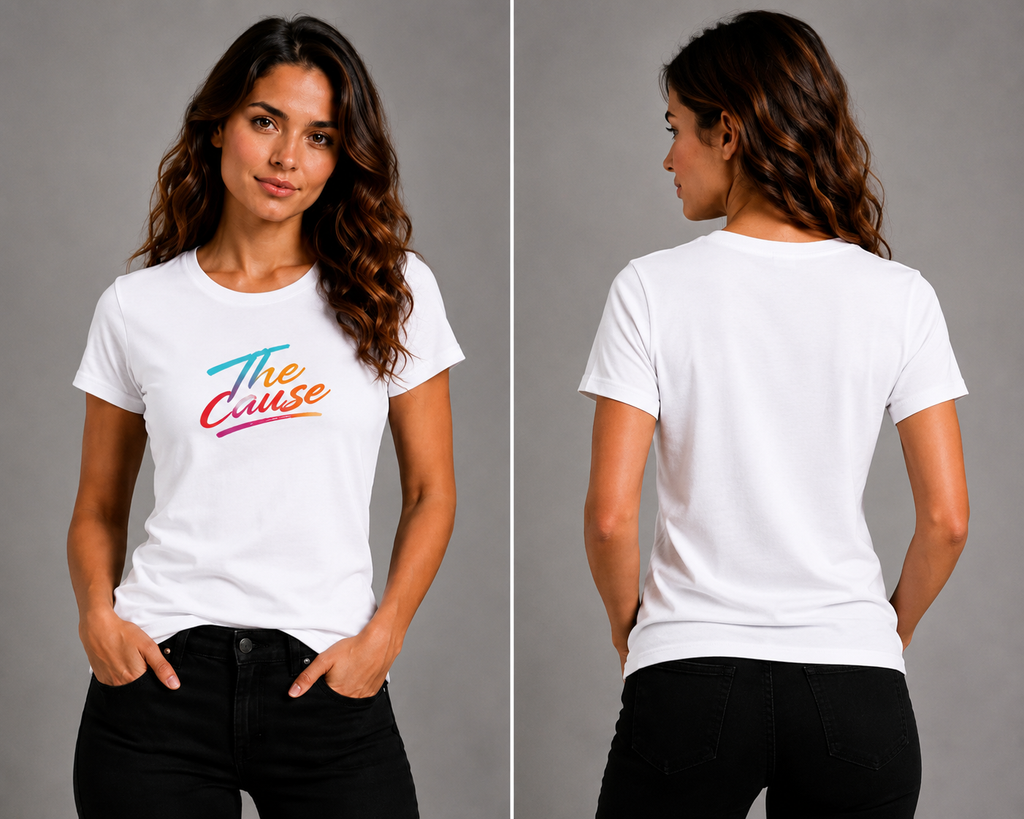 White graphic T-shirt, crewneck short sleeves, front and back views with script logo