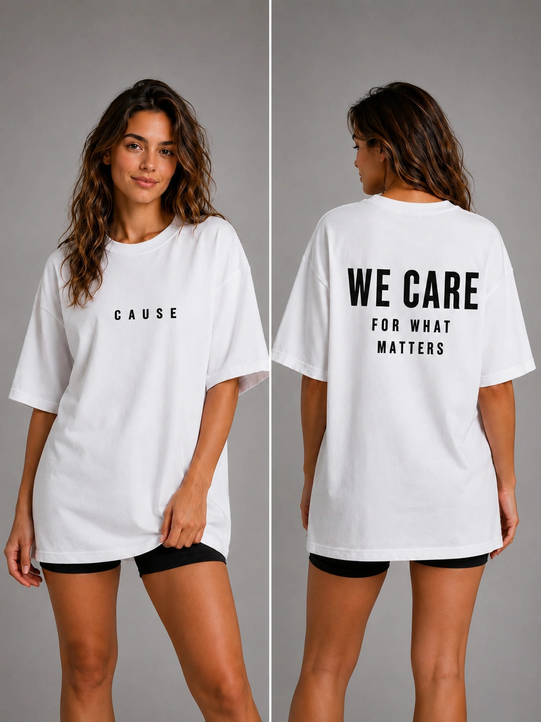 White graphic T-shirt with 'WE CARE FOR WHAT MATTERS' back print, short sleeves
