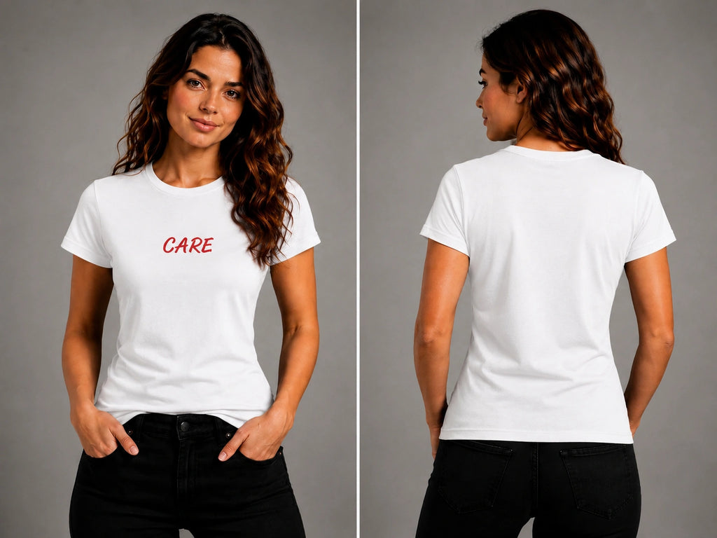 White crew-neck T-shirt with short sleeves and red script logo