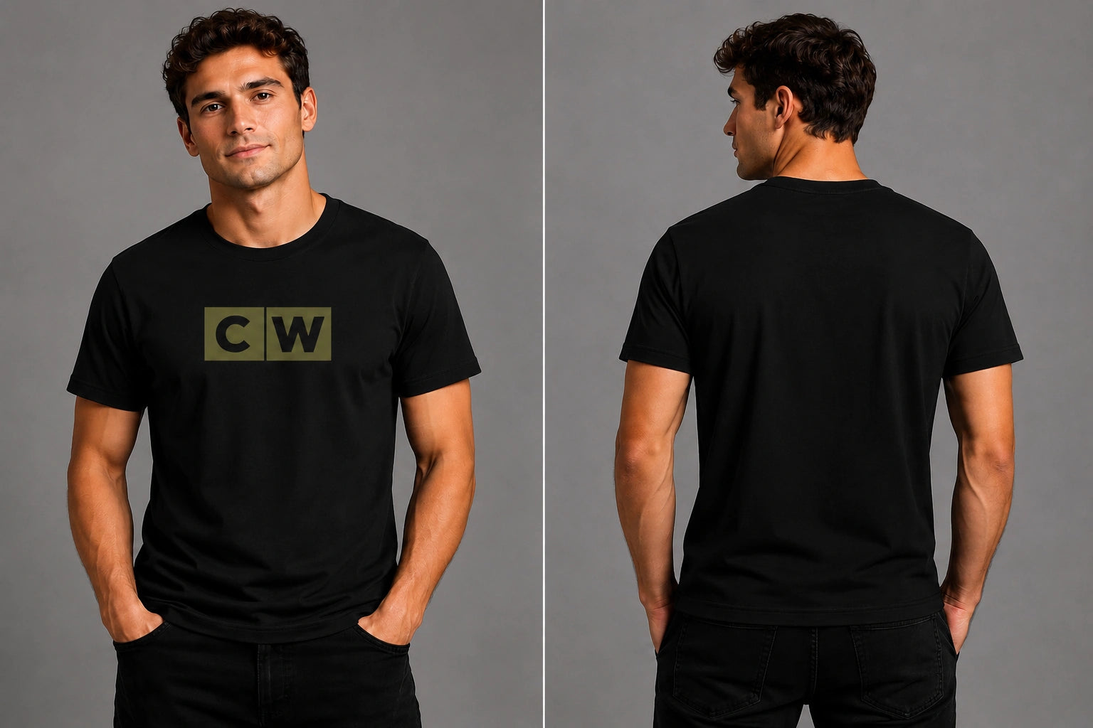 Black crewneck T-shirt with square CW logo on chest, short sleeves.