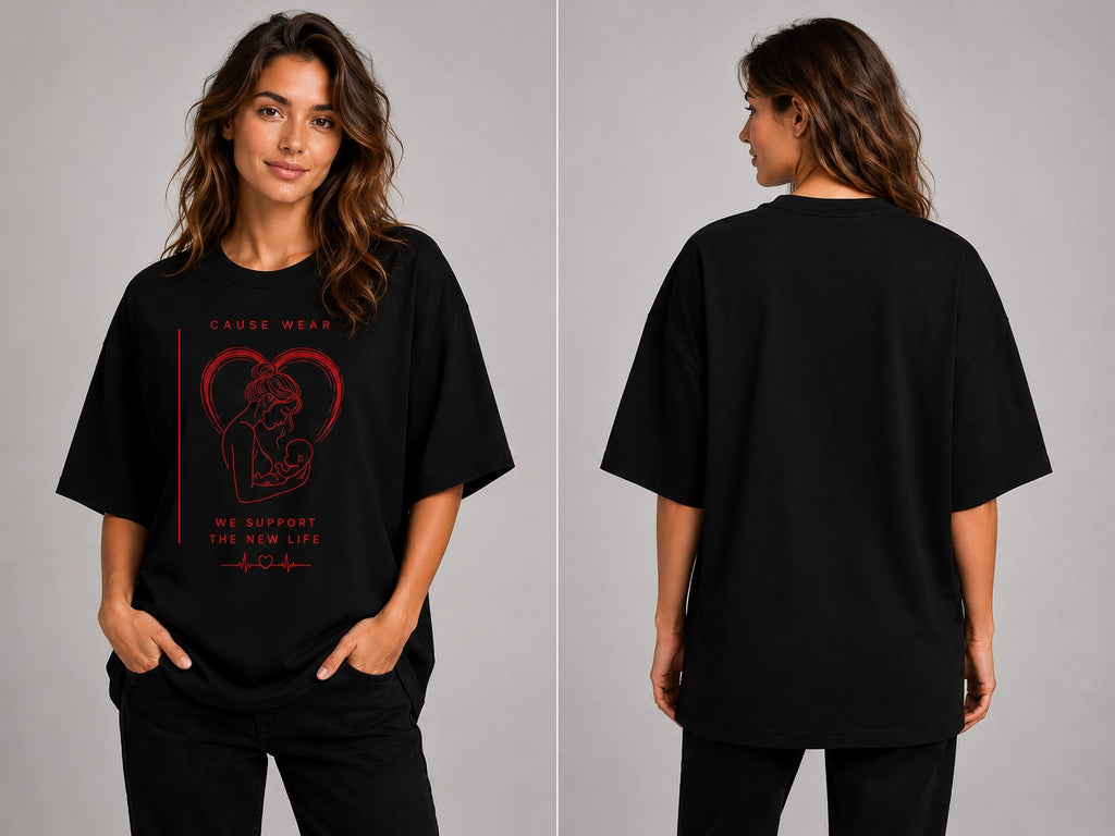 Black unisex crew-neck T-shirt with red heart-line graphic and short sleeves