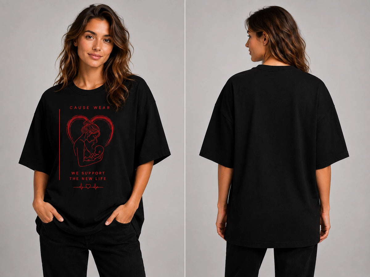Black unisex crew-neck T-shirt with red heart-line graphic and short sleeves