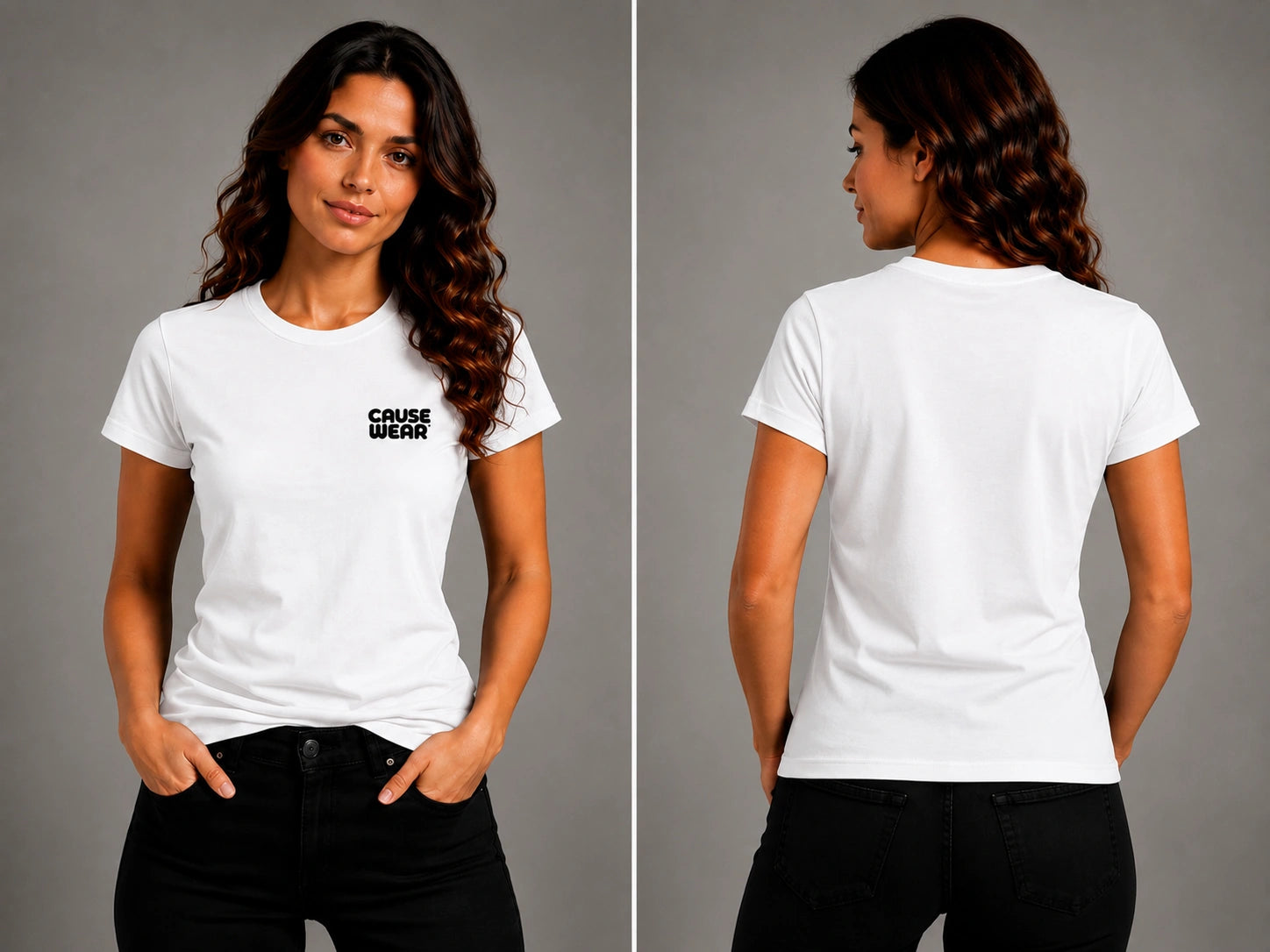 White crewneck logo T-shirt, short sleeves; front and back show Cause Wear text