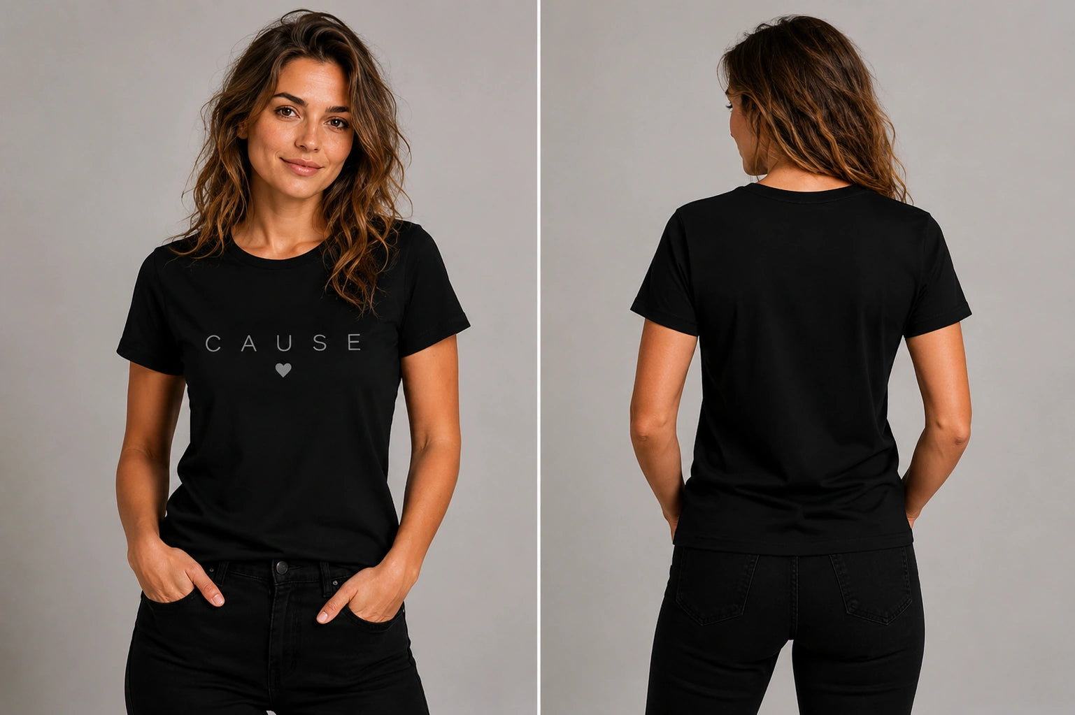 Black crewneck T-shirt with CAUSE text and small heart graphic on the chest