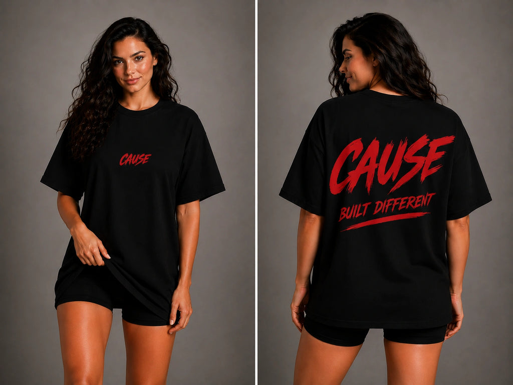 Black crewneck T-shirt with red 'CAUSE' 'BUILT DIFFERENT' print