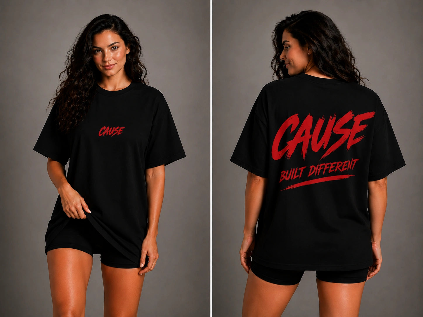 Black crewneck T-shirt with red 'CAUSE' 'BUILT DIFFERENT' print