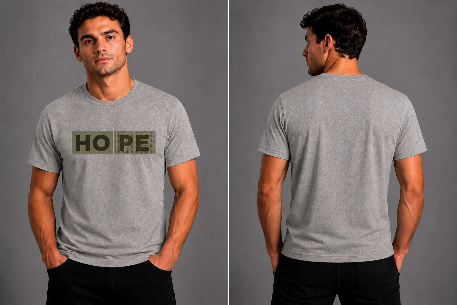 Men's gray T-shirt front and back views: HOPE logo on front, plain back