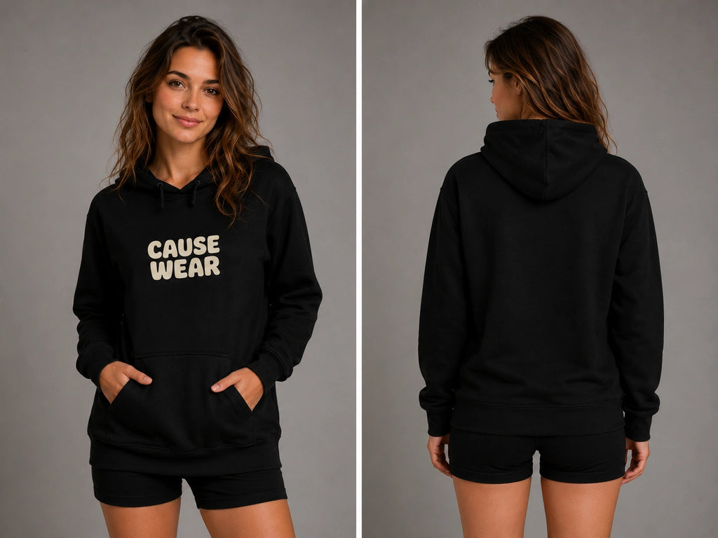 Black core hoodie with hood, kangaroo pocket, and 'CAUSE WEAR' chest graphic.