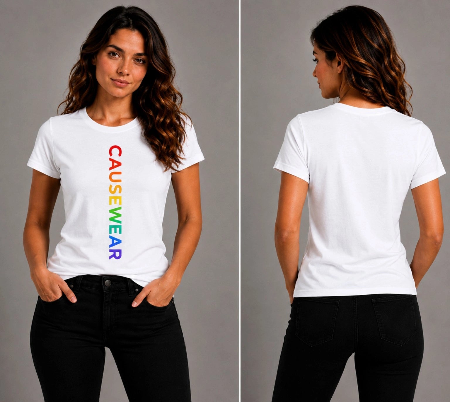 White women’s crew-neck t-shirt with rainbow vertical "CAUSEWEAR" text; back view plain.
