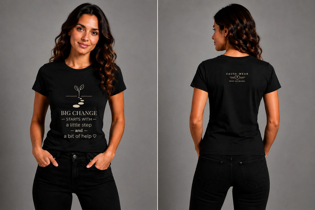 Women's black graphic T-shirt with front and back text, short sleeves