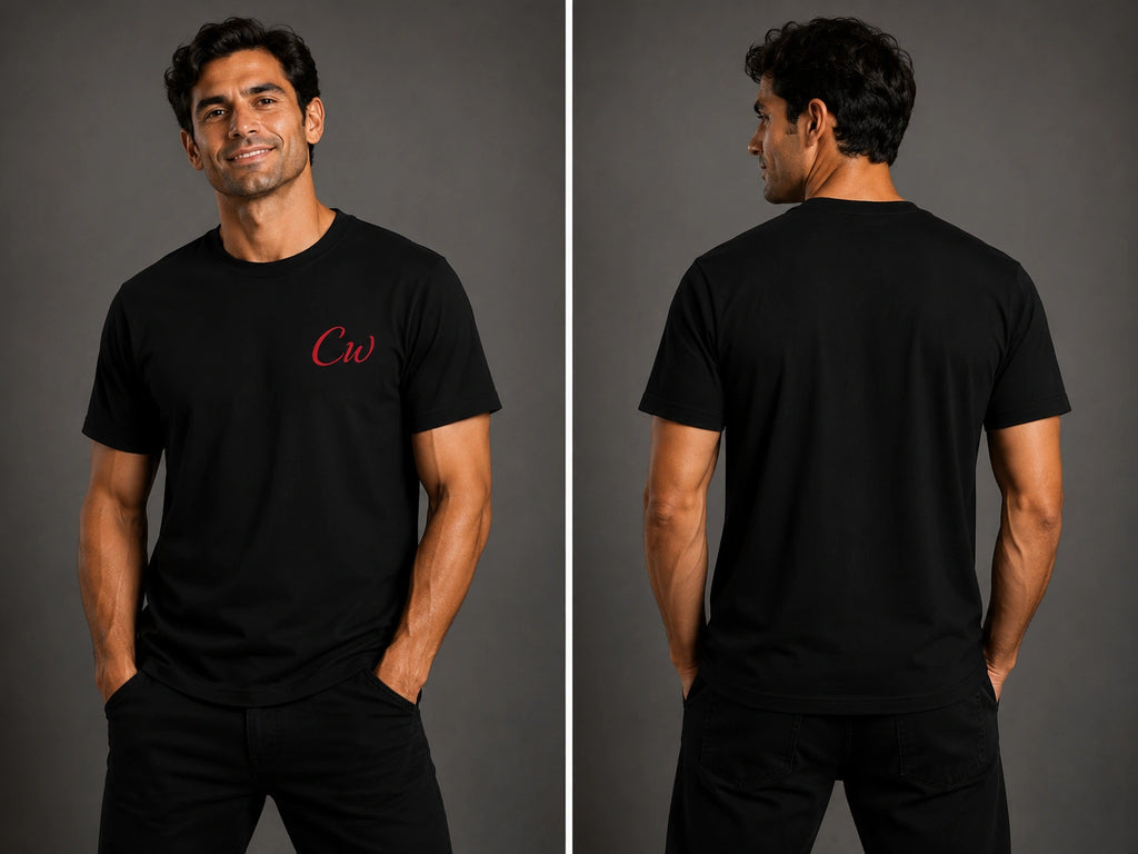 Black short-sleeve T-shirt with red CW logo, front and back views