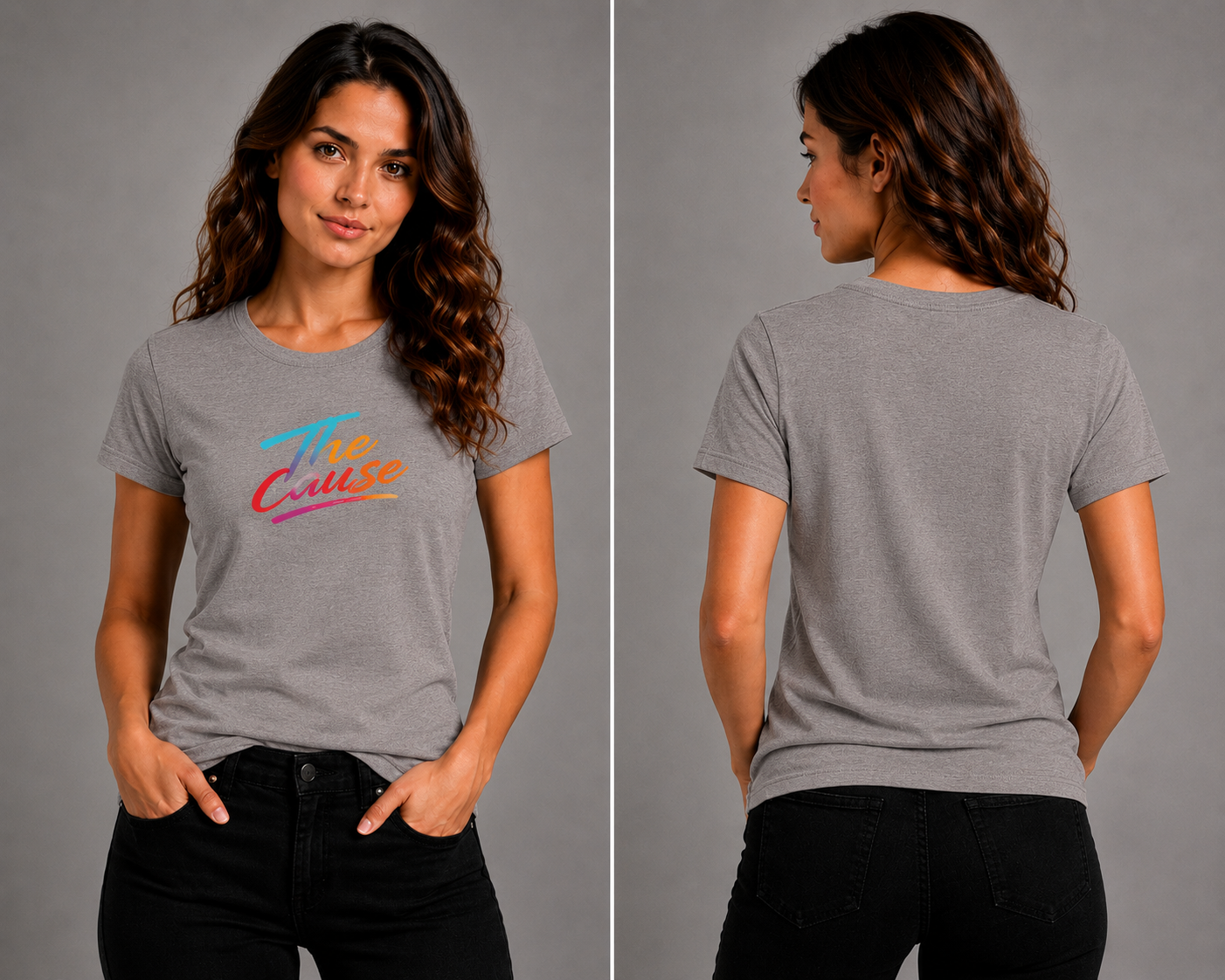 Gray graphic T-shirt, crewneck short sleeves, front and back views with script logo