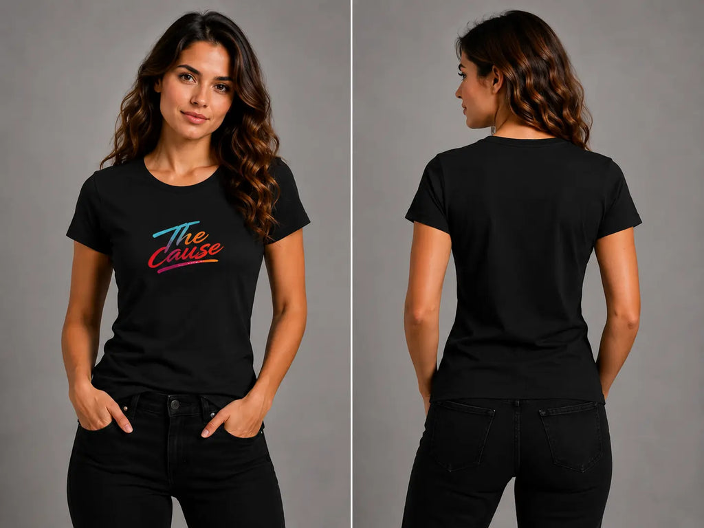 Black graphic T-shirt, front and back views showing script logo on the chest