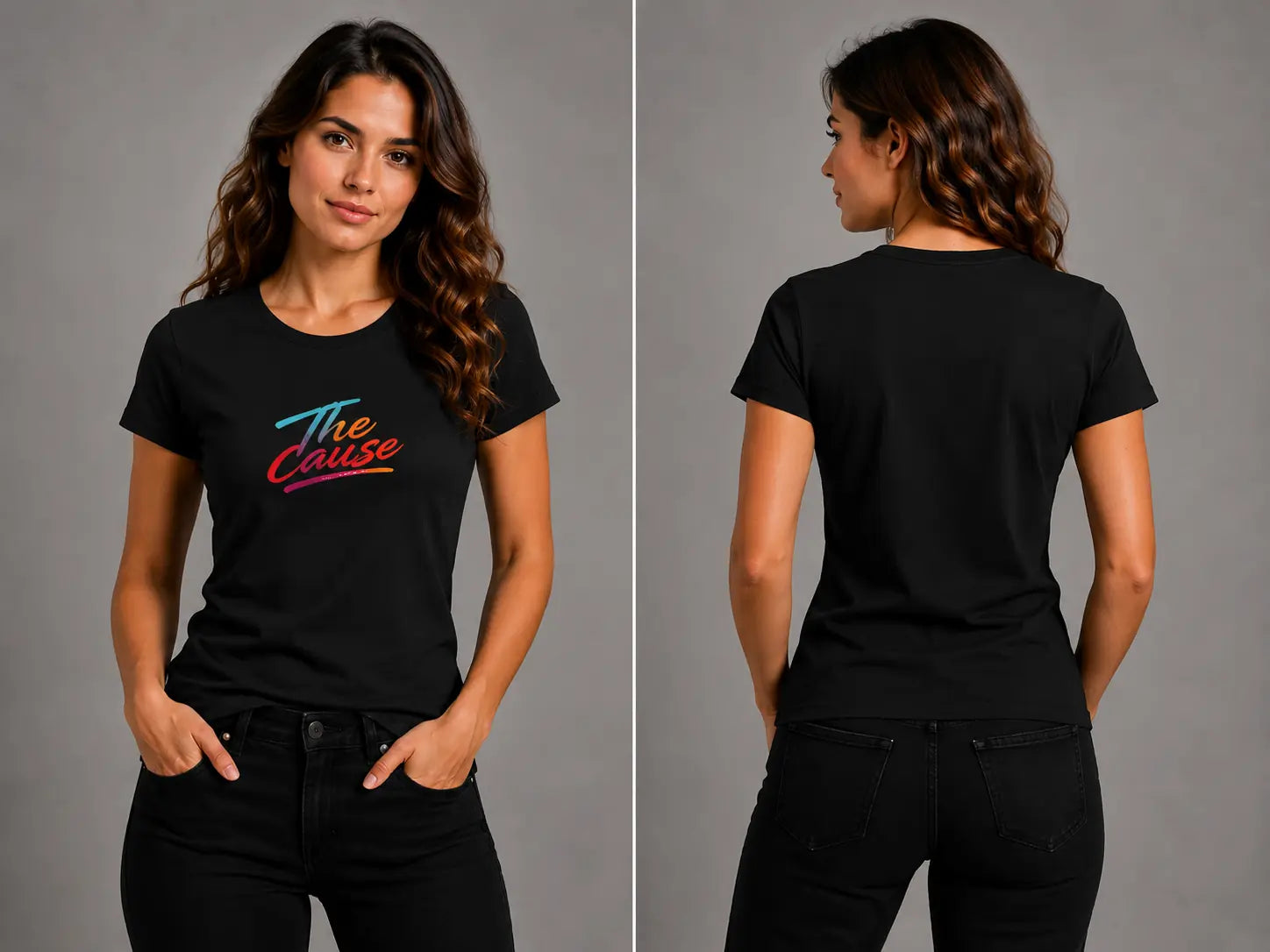 Black graphic T-shirt, front and back views showing script logo on the chest