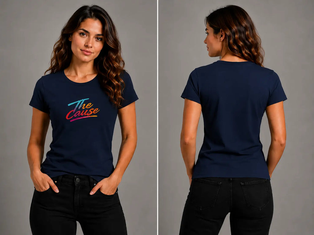 Navy graphic T-shirt, front and back views showing script logo on the chest