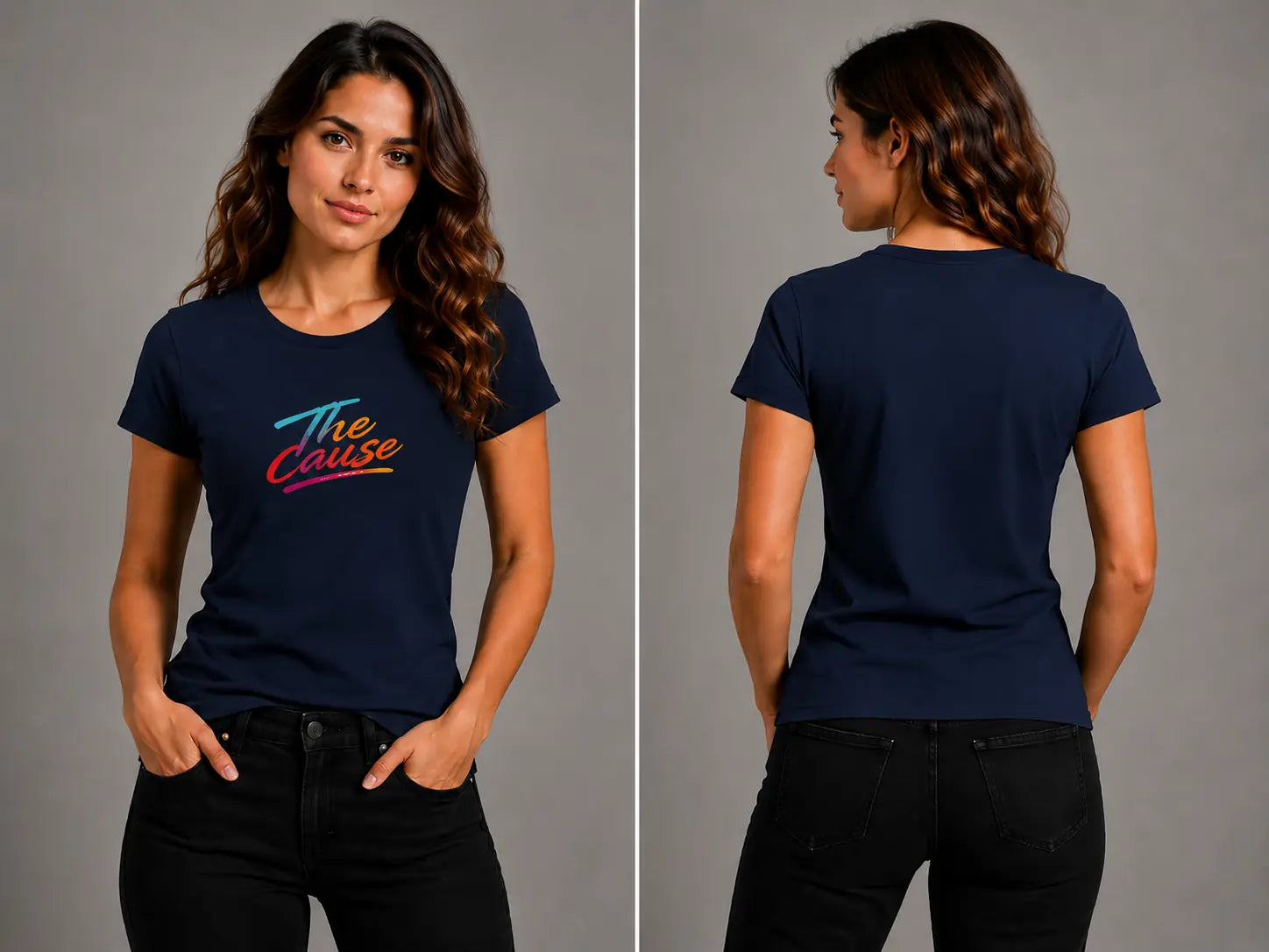 Navy graphic T-shirt, front and back views showing script logo on the chest